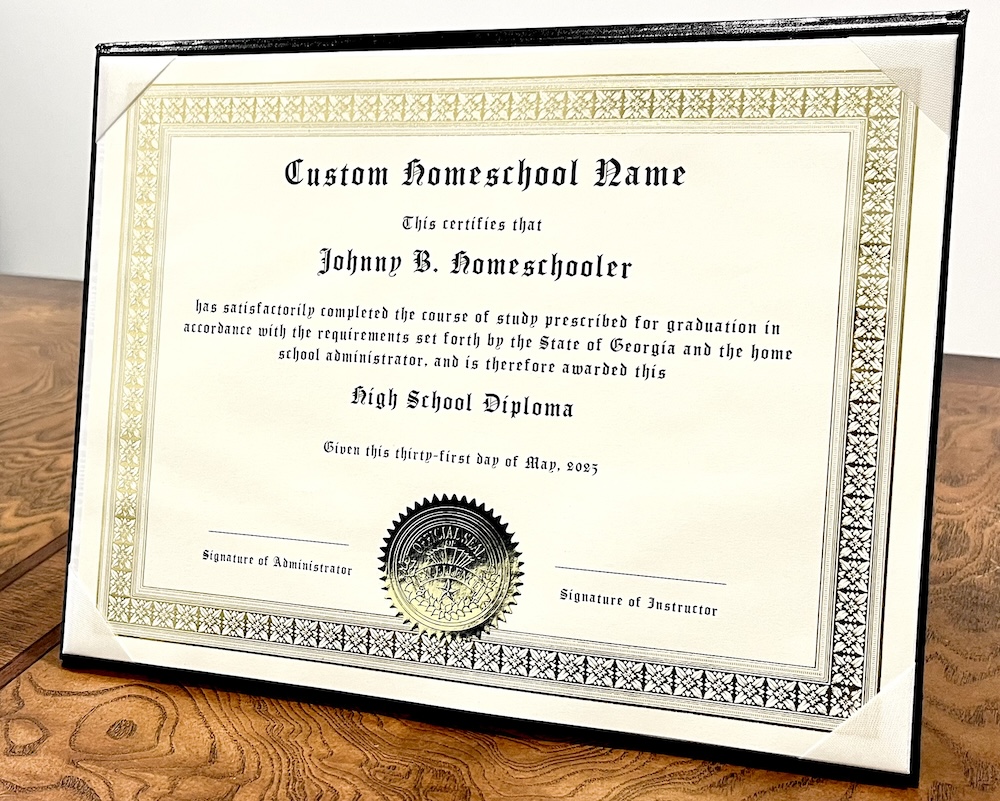 Custom homeschool diploma displayed on desk
